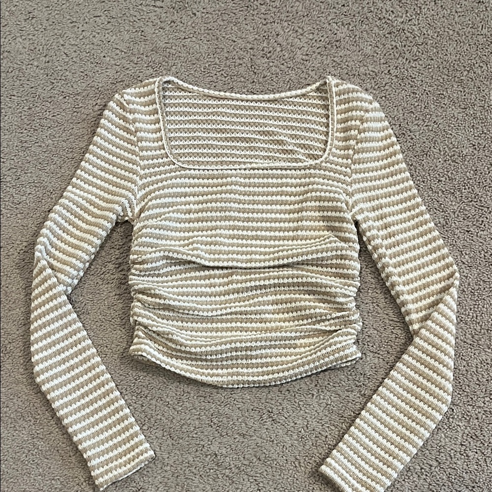 Striped Ruched Square-Neck Long Sleeve Crop Top - Cream/White